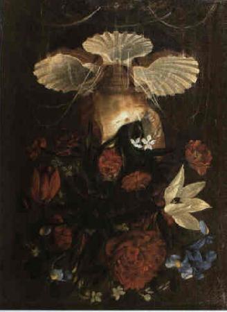 Juan de  Espinosa Floral still life arranged in conch shell